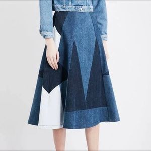 Maje womens Jabla patchwork Denim Flared Jean midi skirt
